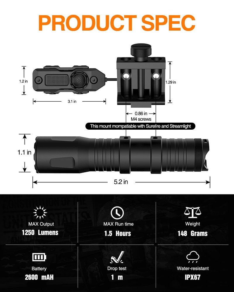 TOUGHSOUL Mlok Picatinny Tactical Flashlight 1250 Lumens, Rechargeable Flashlight with Remote Pressure Switch LED Light with Rechargeable Batteries and Charger Included (Picatinny Mounted)