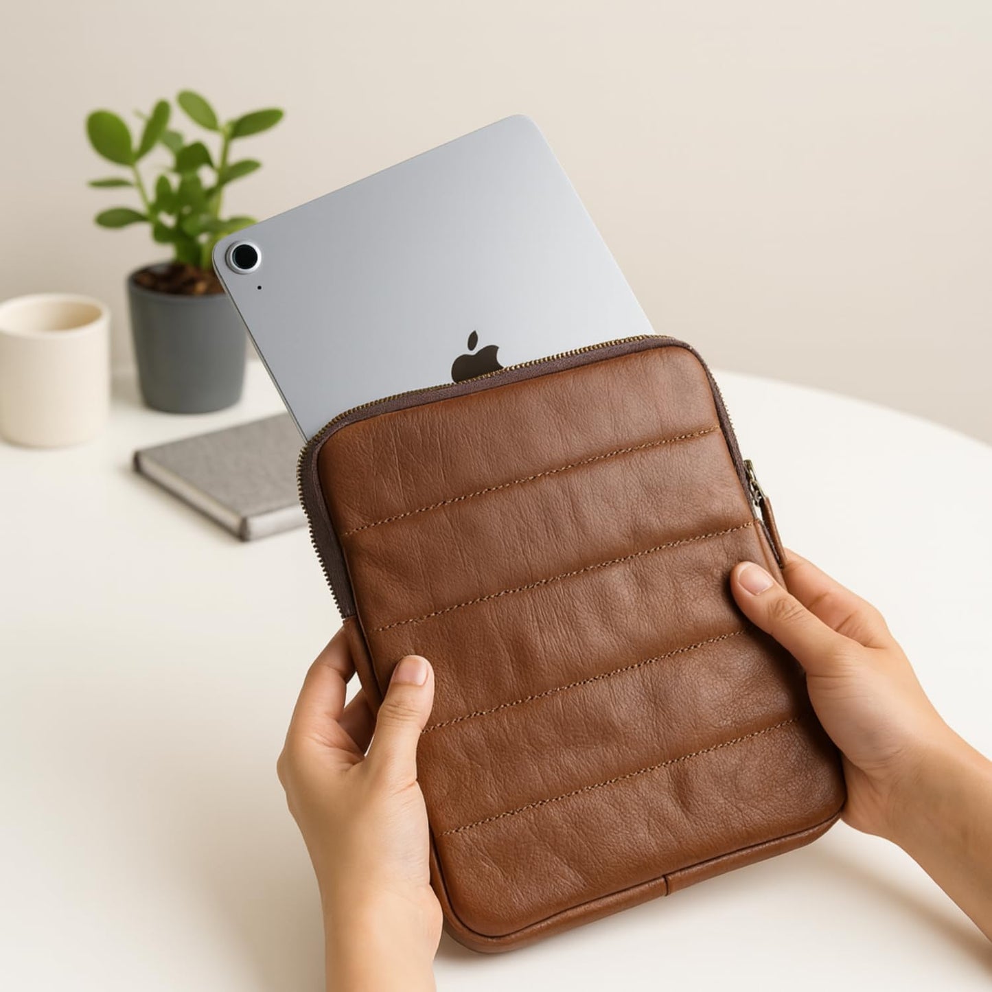 Genuine Leather – The Original Puffy Tablet Sleeve 9–11 Inch Case, Leather Air Pouch for Women & Men, Fits 9th/10th Gen, Pro 11", Air 10.9" + Magic Keyboard (Saddle Brown)