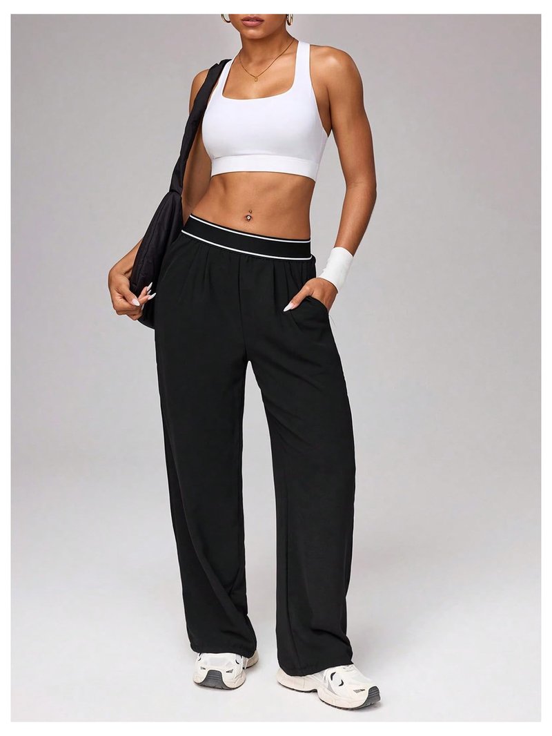 MakeMeChic Women's Workout Track Pants Wide Leg Athletic Gym Pants Active Wear Black Medium