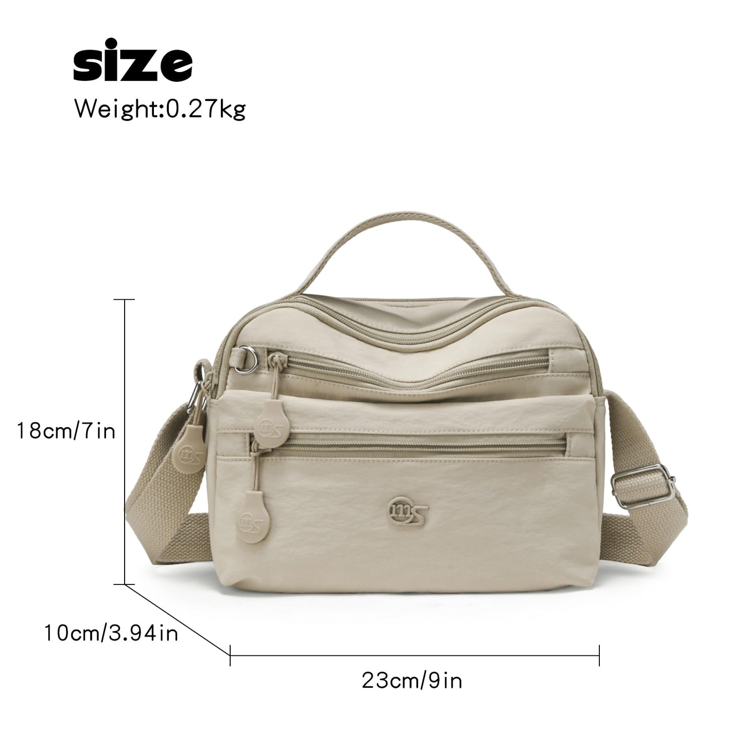 Eslcorrri Women Crossbody Bag Small Nylon Shoulder Purse Casual Neutral Light Multi Zipper Pockets Top-Handle Hobo Handbag -Sand