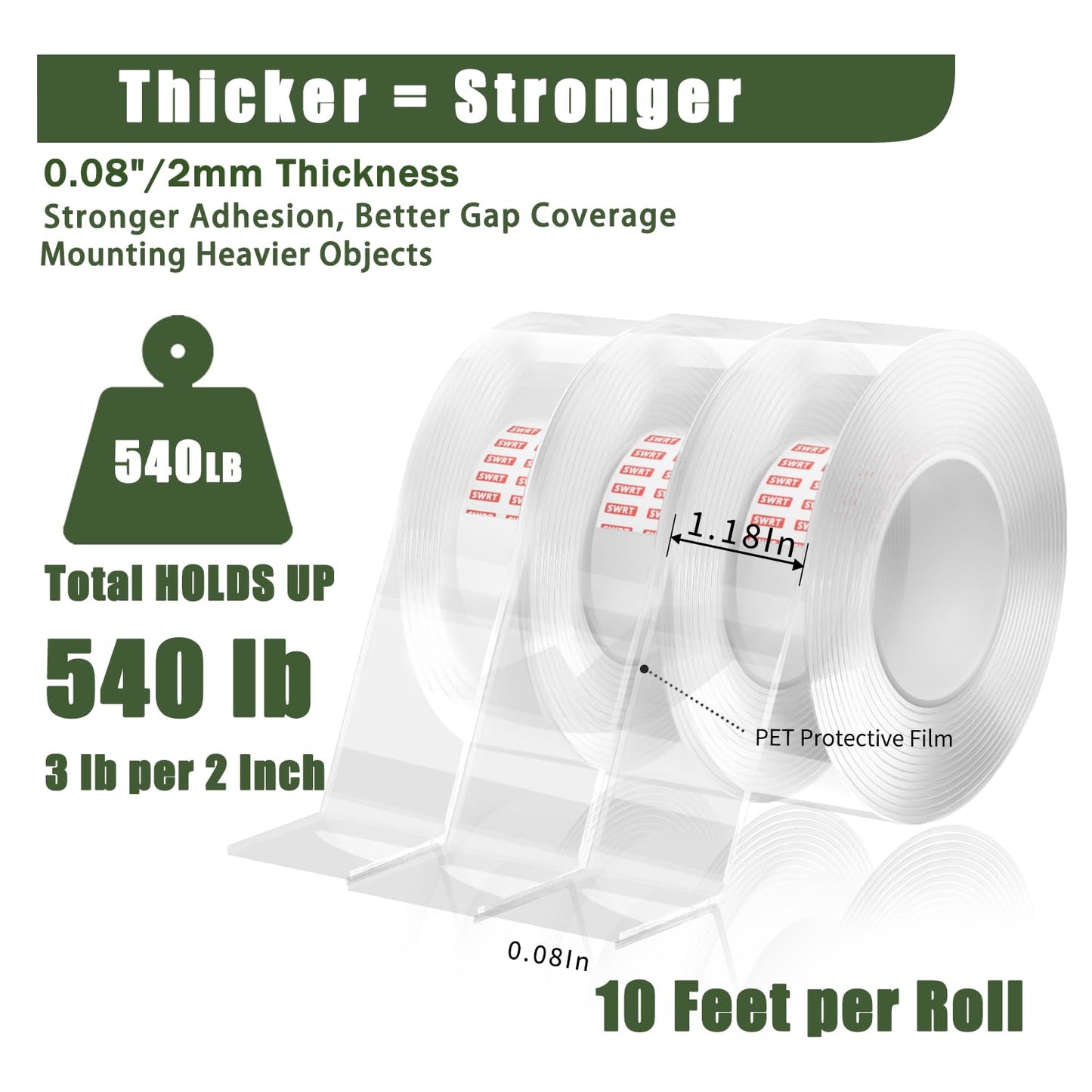 SWRT 3 Pack 1.18 Inch x 10 FT 0.08 Inch Thick Double Sided Heavy Duty Tape, Strong Adhesive Nano Tape, Reusable Mounting Tape, Multipurpose for Home, Office, and DIY Projects