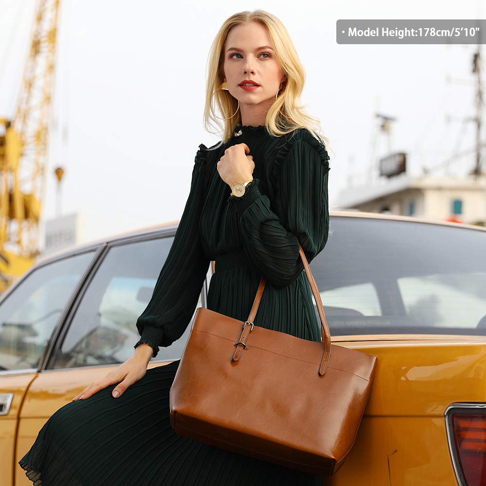 Kattee Vintage Genuine Leather Tote Shoulder Bag for Women Satchel Handbag with Top Handles (Light Brown)