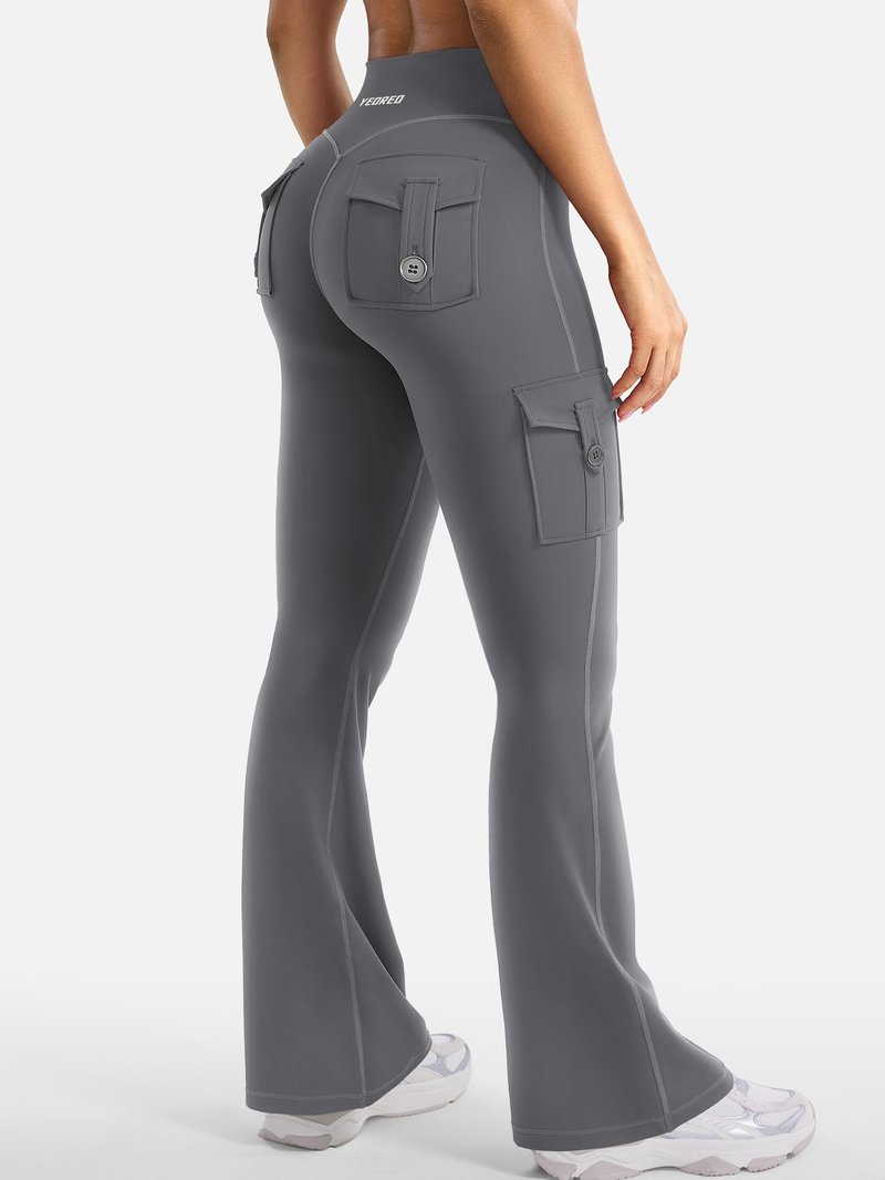 YEOREO CoreFlex Women Workout Flare Leggings with Pockets Hidden Scrunch High Waisted Cargo Gym Yoga No Front Seam Leggings Grey XS