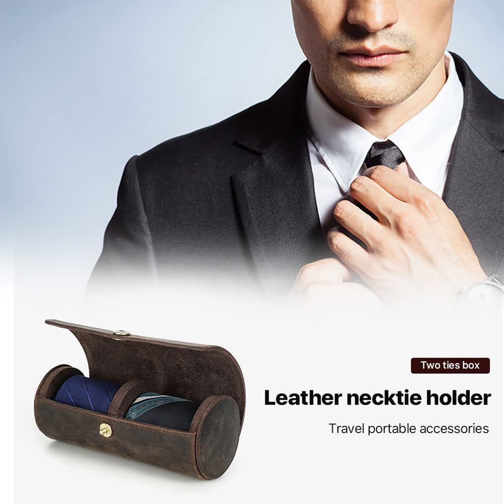 CONTACTS Tie Travel Holder for Men Crazy Horse Leather Handmade Ties Case Small Neckties Organizer Mens Tie Anti Wrinkle Storage Roll