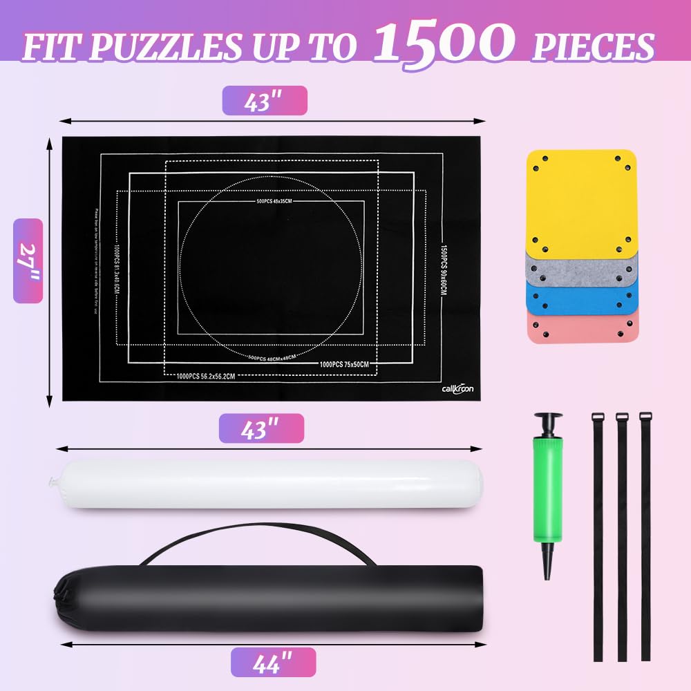 CALLKROON Puzzle Mat Roll Up for 1500 Pieces, Felt Puzzle Board Alternative Gift Set with 4 Sorting Trays and Inflatable Tube, Premium Puzzle Saver Mat for Storage, Portable Puzzle Rolling Mat