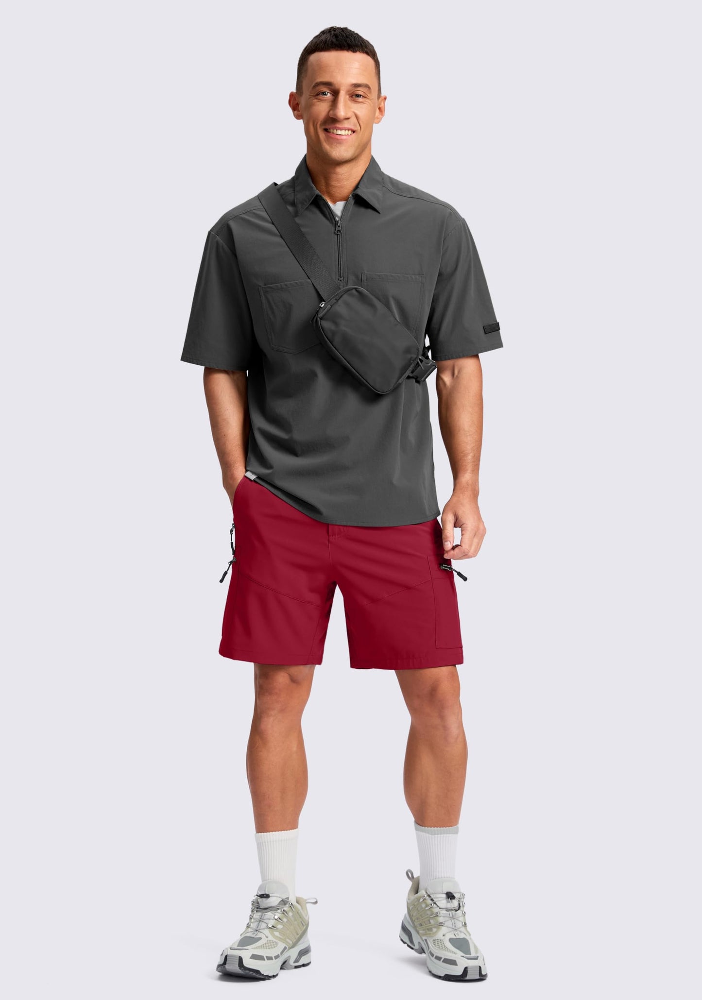 Pudolla Men's Hiking Cargo Shorts Lightweight 7" Travel Casual Shorts for Men Golf Work Outdoor with 5 Zipper Pockets(Red X-Large)