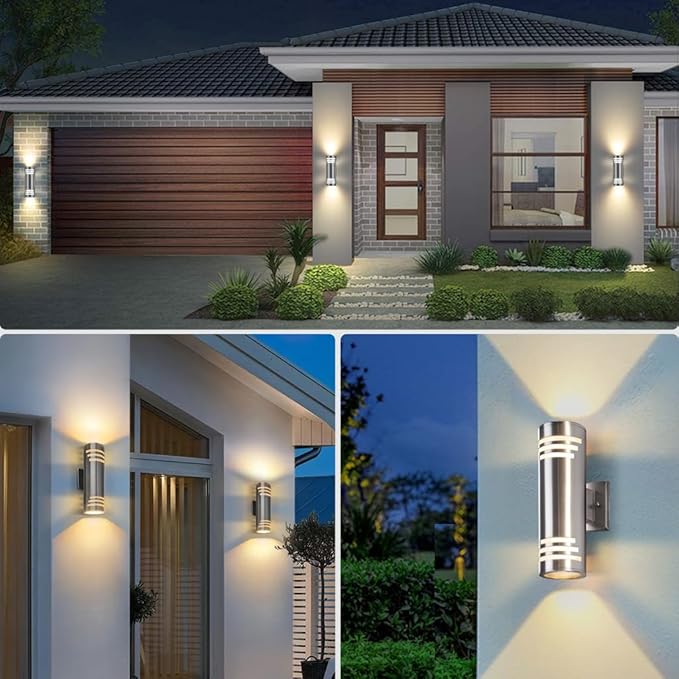 SHIMR Dusk to Dawn Outdoor Wall Light, Exterior Light Fixture Stainless Steel, Outdoor Sconce Lights Cylinder, Waterproof Up and Down Light Wall Mount Electroplated Silverl Finsh, LED Bulbs Include