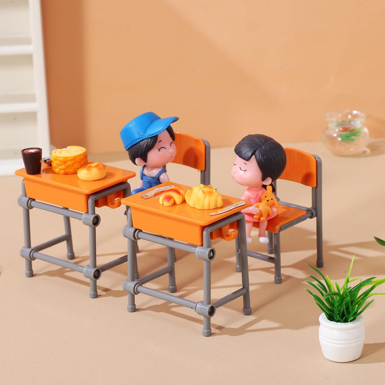 Housoutil 4sets Miniature School Furniture Set, Dollhouse Desk and Chair Play Modern, Realistic Miniature School Supplies for Dollhouse Decor and Pretend Play