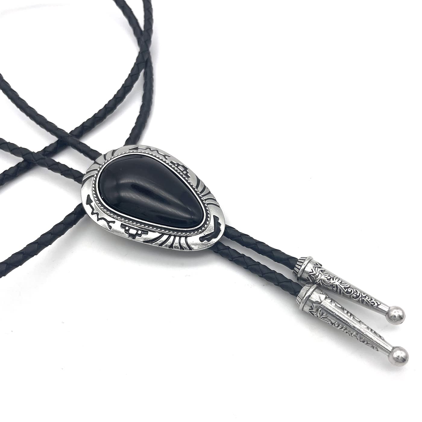 QUKE Black Stone Bolo Tie Native Western Cowboy Hand-woven Leather Bola Tie Necktie for Men Women