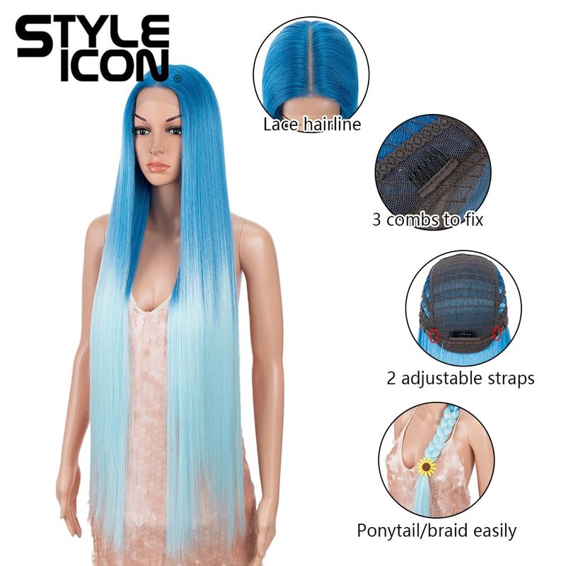 Style Icon 38" Super Long Straight Wigs 6" Deeper Middle Part Lace Lace Front Wigs Ombre Blue Color Synthetic Wig (38", GT BLUE/BLUE5)