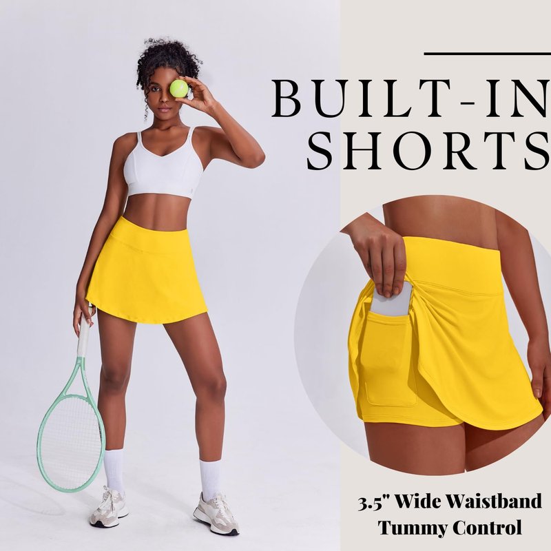 PINSPARK Women Tennis Skirt Pleated Golf Skirts with Pockets Workout Sports Running Athletic Skort Mini,Yellow Medium