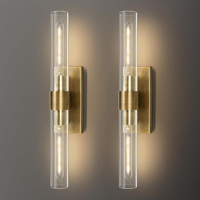 Wall Sconces Set of Two, 22.8" Gold Bathroom Sconces Wall Lighting with Clear Glass, Modern Sconces Wall Decor Brass Light Fixtures for Bathroom Mirror Living Room Hallway Bedroom