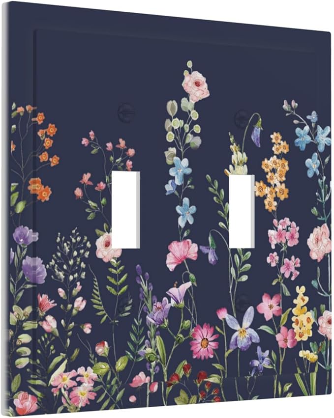 Rustic Wild Floral Darkground Vintage Watercolor Flower Double Toggle Light Switch Covers Decorative 2 Gang Wall Plate Dual Electrical Faceplate Switchplate for Kitchen Decor