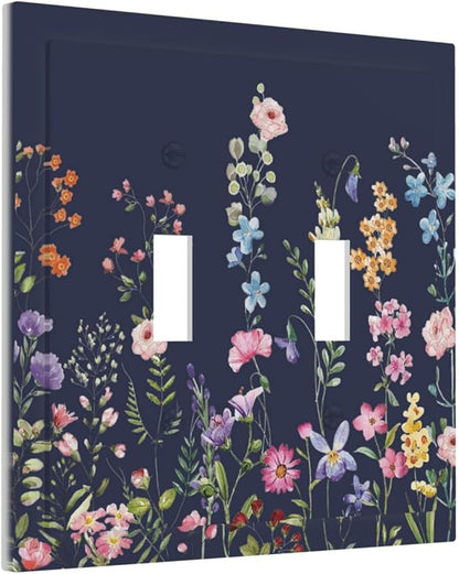 Rustic Wild Floral Darkground Vintage Watercolor Flower Double Toggle Light Switch Covers Decorative 2 Gang Wall Plate Dual Electrical Faceplate Switchplate for Kitchen Decor