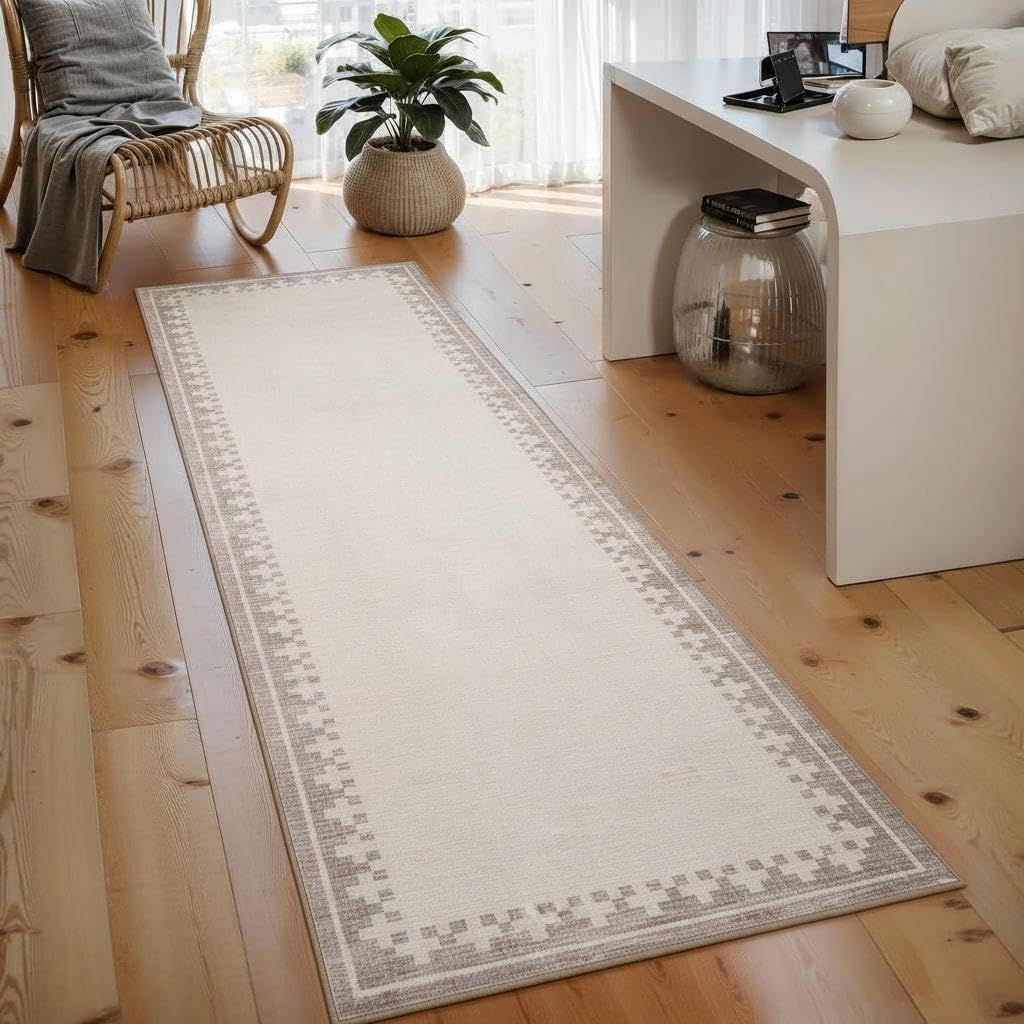 GarveeHome 2x6 Washable Entryway Hallway Runner Rug with Non Slip Back Cross Bordered Low Pile Living Room Bedroom Bathroom Carpet Modern Geometric Neutral Indoor Rugs, Light Camel/Seashell