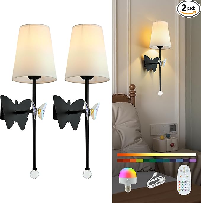 Battery Operated Wall Sconces Set of 2,Rechargeable Wall Lights with Butterfly Crystal Decorative Sconces,Cordless Battery Sconce Indoor Wall Lamps for Bedroom Living Room Hallway Stairs Black