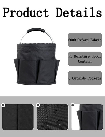 CIHTL Cleaning Caddy with Handle, Cleaning Products Organiser, Foldable Storage Basket, Large Supply Organiser 17L with 6 Pockets, Portable Cleaning Caddy for Home & Garden (Black)