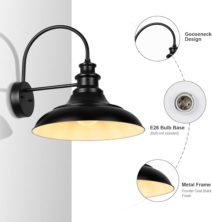 Outdoor Barn Light Fixture, 16 Inch Large Dome Farmhouse Exterior Wall Mount Light, Rustic Gooseneck Wall Sconce Indoor Wall Lighting Fixture, Industrial Black White Lantern for Porch, 1 Pack
