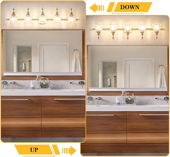 5 Lights Brass Gold Bathroom Light Fixtures, Antique Vanity Light with Flower Glass Shade, Bathroom Vanity Light Over Mirror, Farmhouse Sconces Wall Lighting for Hallway Livingroom Bedroom