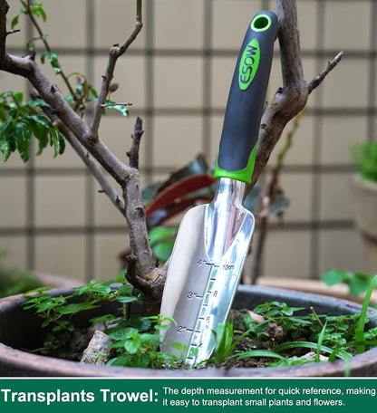 ESOW Garden Tool Set, 3 Piece Cast-Aluminum Heavy Duty Gardening Kit Includes Hand Trowel, Transplant Trowel and Cultivator Hand Rake with Soft Rubberized Non-Slip Ergonomic Handle, Garden Gifts