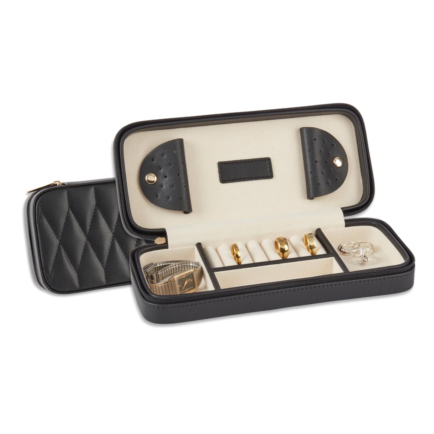 Bey-Berk Diamond-Quilted Leather Travel Jewelry Case, Black, 9" x 4" x 1.75"