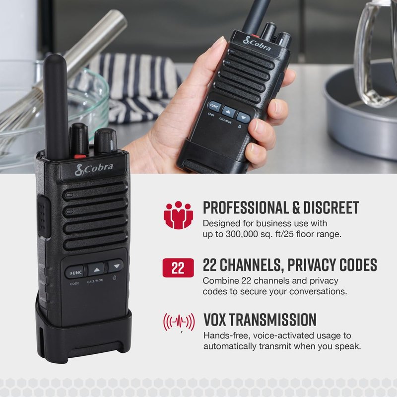 Cobra PX650 - Professional/Business Walkie Talkies - Rechargeable, 300,000 sq. ft/25 Floor Range, Dust Protected and Splashproof (IP54 rating), Two-Way Radio Set (2-Pack)