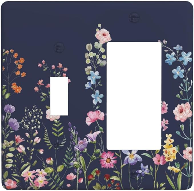 Rustic Wild Floral Darkground Vintage Watercolor Flower 2 Gang Single Toggle Rocker Combination Light Switch Cover Decorative Wall Plate Cover Electrical Faceplate Switchplate for Bedroom