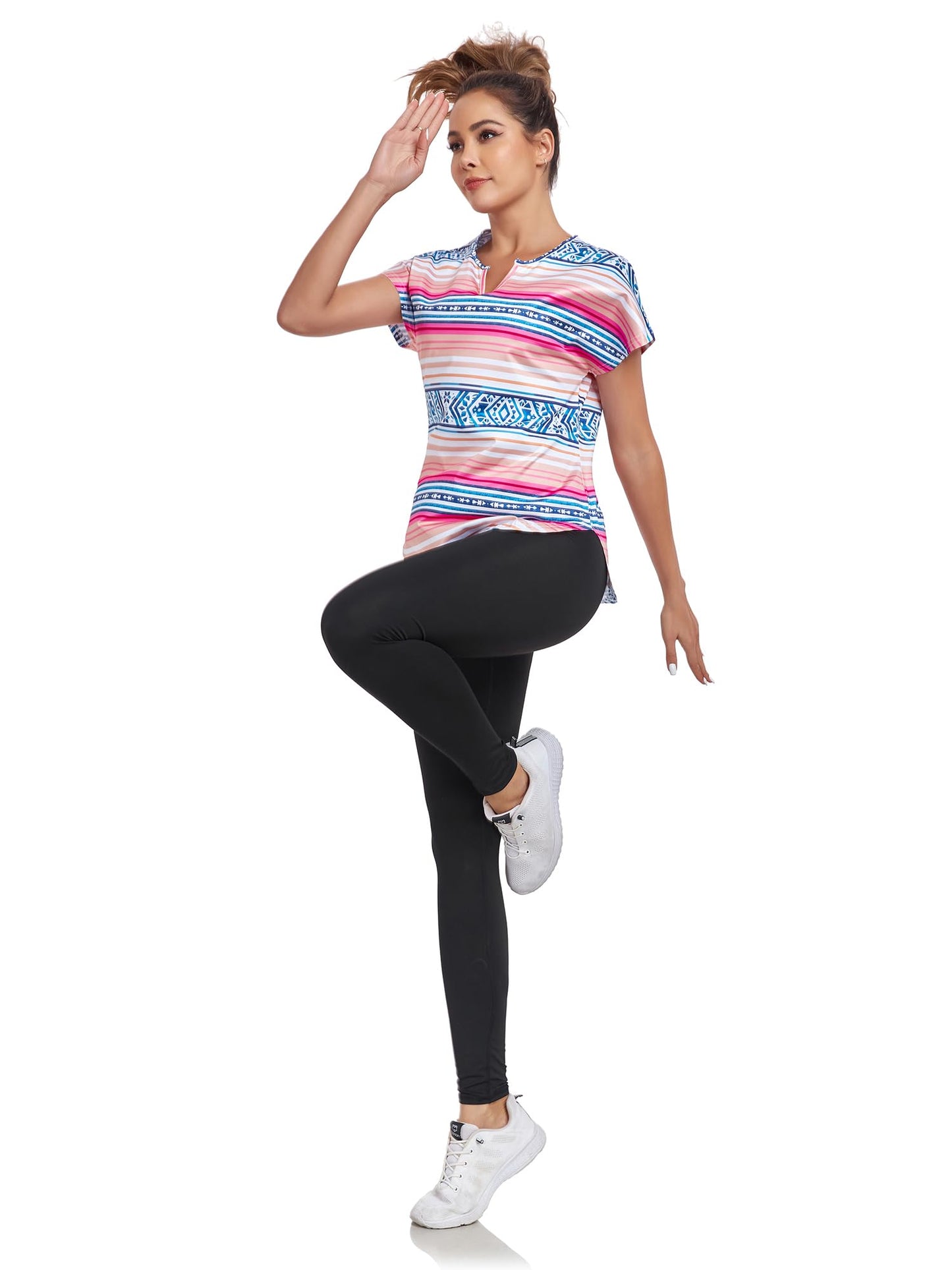 Abrooical Women's Running Tops Short Sleeve V Neck Exercise Yoga Shirts Quick Dry Side Slit Print 01 Large