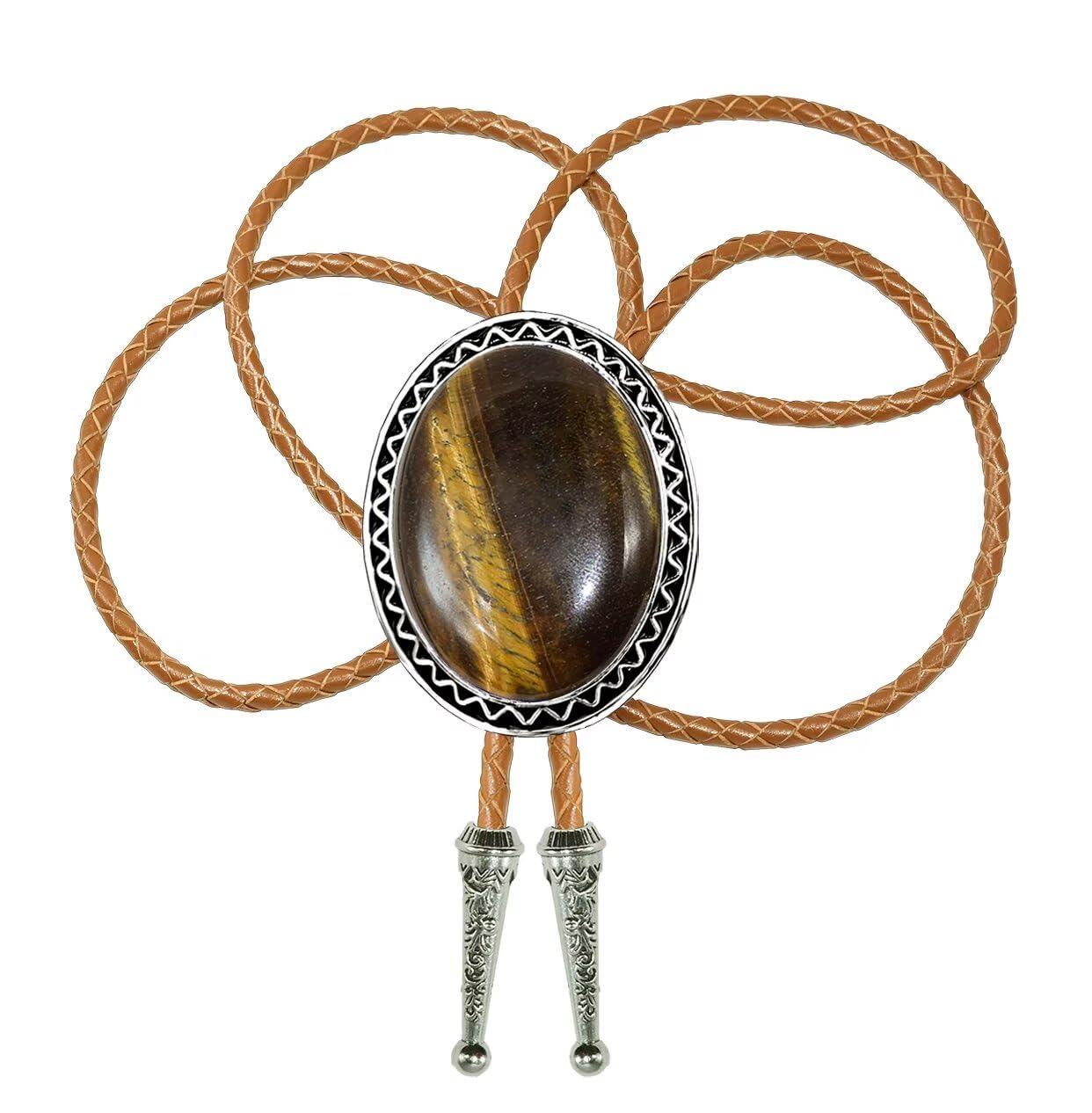 Moranse Bolo Tie with Natural Tiger Eye Stone Celtic Style Genuine and Colored Cowhide Rope