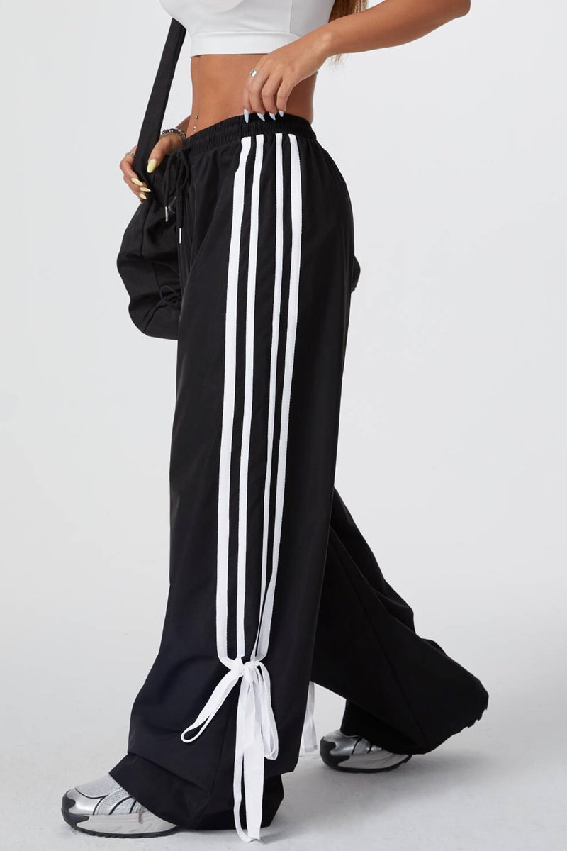 BEAUDRM Women's Y2K Baggy Bow Wide Leg Pants Striped Track Elastic Waist Long Sweatpants Parachute Pants Black and White Large