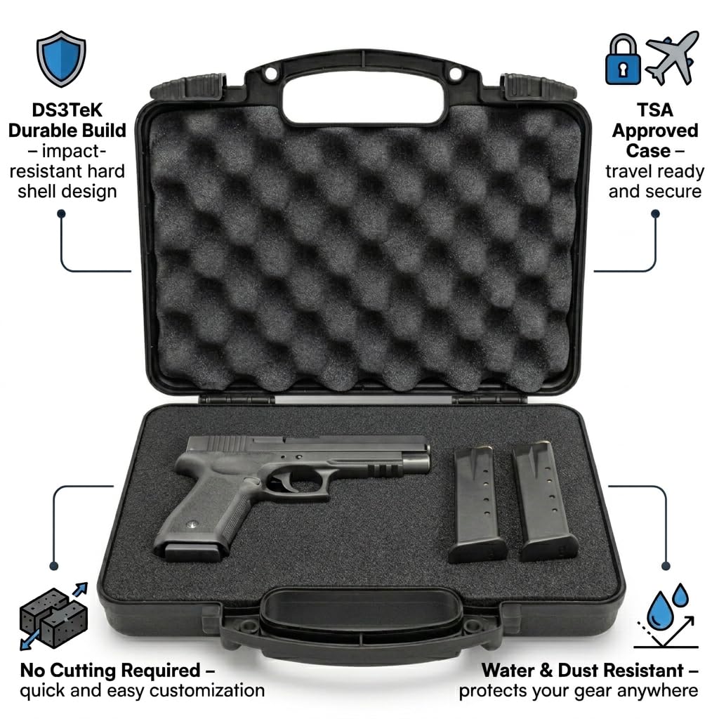 Cedar Mill Fine Firearms TSA Approved Hard Gun Case – Airline Approved Lockable Pistol Carrying Case with Dual Latch & Customizable Foam – Fits 9mm Handgun, Revolver & Firearm for Travel & Range Use