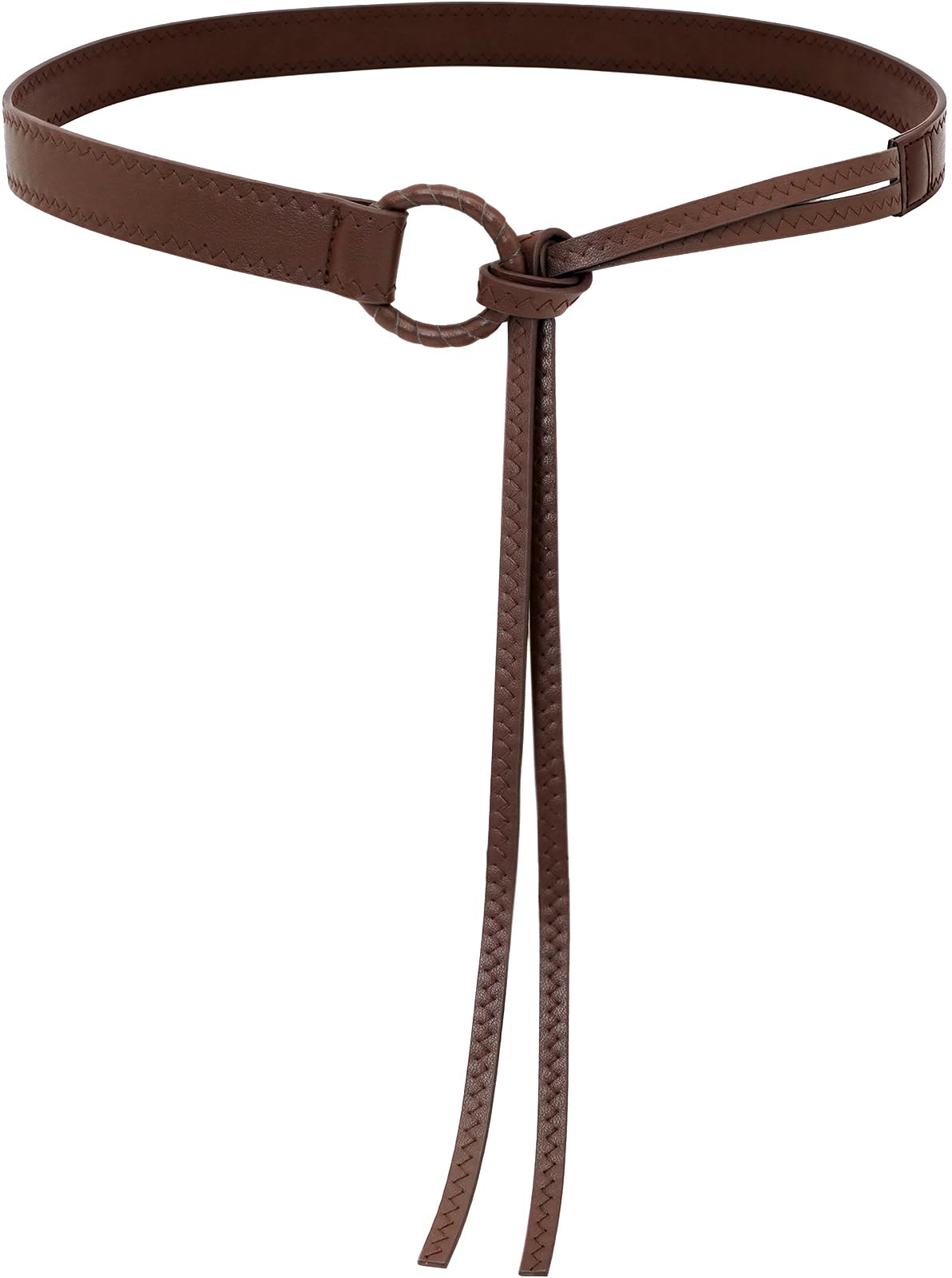 HIQUACC Women's Thin PU Leather Knotted Waist Belt with Tie Ends for Dresses Pants (Round Coffee)