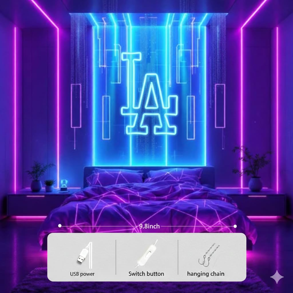 Dodgers Baseball LED Neon Sign Wall Decor – Sports Team LED Light for Bedroom, Man Cave, Game Room – Birthday, Christmas gift - USB/5V Powered, LED – Great Gift for Baseball Fan (13x15 in)