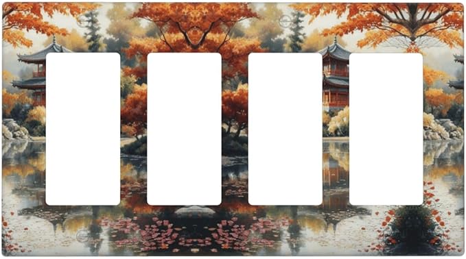 Decorative Art Light Switch Covers Lake & Pagoda in Fall 4 Gang Rocker Decora Outlet Covers Electrical Faceplate GFCI Wall Plate for Home Decor
