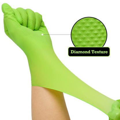 TitanFlex Heavy Duty Green Industrial Nitrile Gloves, 8-mil, XL, Box of 100, Latex Free, Raised Diamond Texture Grip, Powder Free, Food Safe, Rubber Gloves, Mechanic Gloves