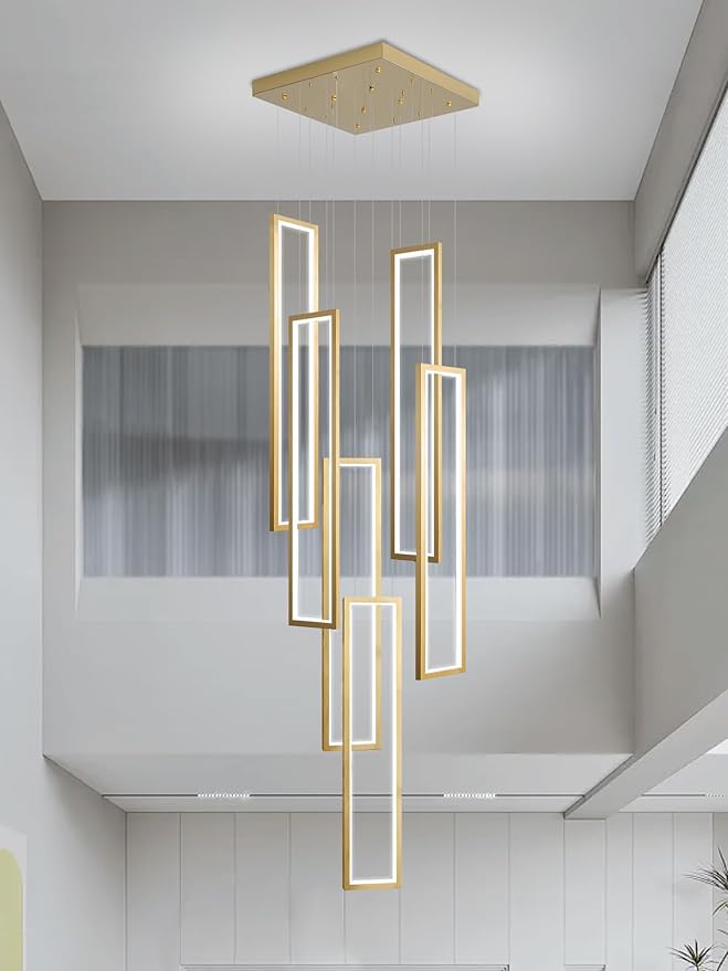 Flashing God Modern Chandelier,Gold Chandelier with 6 Ring Led Foyer Chandeliers,Larger High Ceiling Chandelier for Living Room,Square Chandelier for Entryway Staircase LED Dimming 2700k-6001k