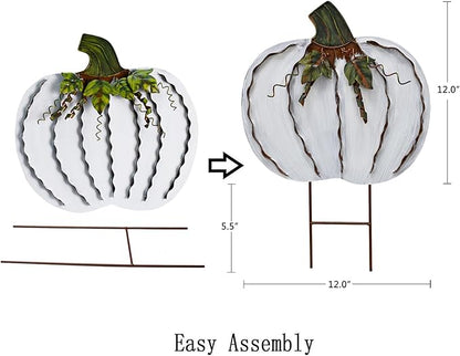 Metal Pumpkin Stakes Yard Signs Fall Decor Decorative Garden Stake Lawn Pumpkins Ornaments Outdoor Autumn Decoration for Harvest Halloween Thanksgiving (17.5" H White)