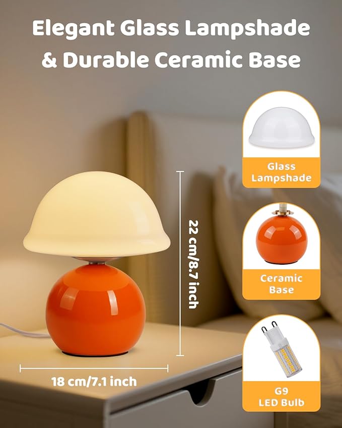 Mushroom Lamp Bedside Table Lamp for Bedroom, Cute Small Lamps with Glass Lampshade, Nightstand Lamp with Dimmer for Living Room Kitchen Apartments Offices Desk Shelves (Orange)