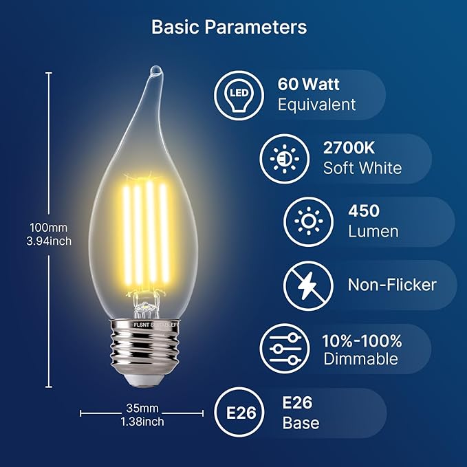 FLSNT 60 Watts Equivalent LED Chandelier Light Bulbs, Dimmable CA11 LED E26 Base Candelabra Bulbs, 2700K Soft White, 12 Pack UL,CA65 Listed.