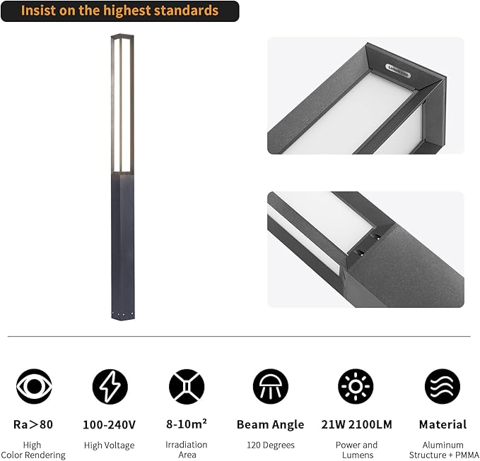 Landscape Path Light, 92" Modern Outdoor LED Luxury Bollard Lighting with IP65 Waterproof for Lawn Courtyard Driveway Pathway Decoration