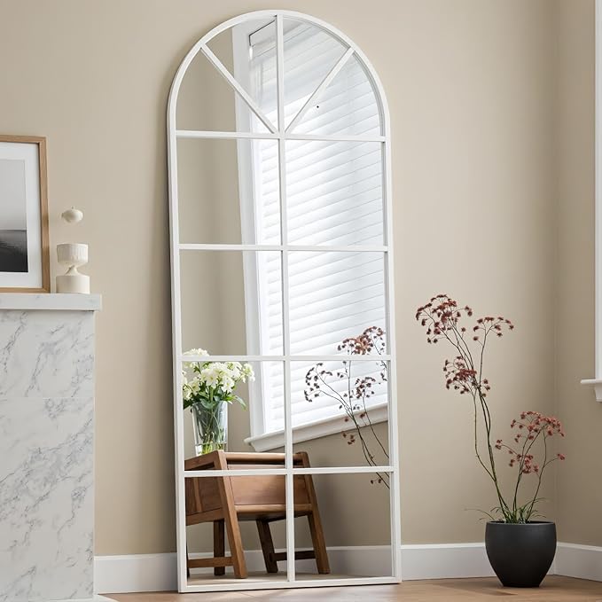 Mirror Full Length, 65"x22" Arched Window Pane Mirrors for Wall Decor, White Full Body or Wall Mounted Mirrors, Farmhouse Standing Mirror Hanging or Leaning for Living Room, Entryway, No Stand