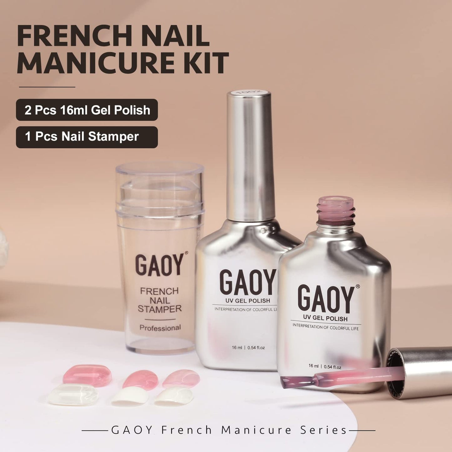 GAOY French Manicure Kit, Nail Stamper and 2Pcs Gel Nail Polish, Include Nude Jelly Pink White Colors for French Tip, UV Light Cure