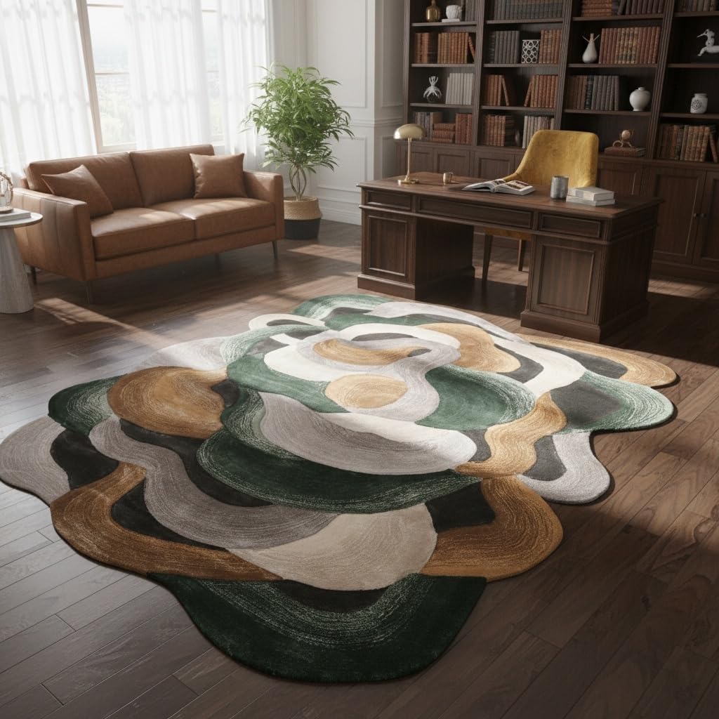 5x7 Irregular Shaped Area Rug for Living Room Bedroom Guestroom Indoor Throw Rugs Modern Abstract Art Meetingroom Home Office Lightweight Stain Resistant Floor Carpet Emerald Green Brown Gray