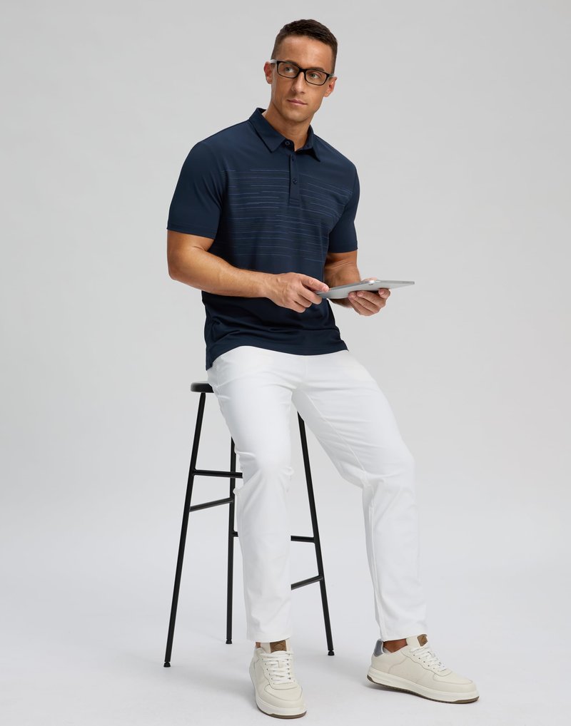 Men's Golf Shirts Dry Fit Moisture Wicking Performance Short Sleeve Collared Polo Shirts for Casual Tennis Bussiness (Navy Coloured Lines, XL)