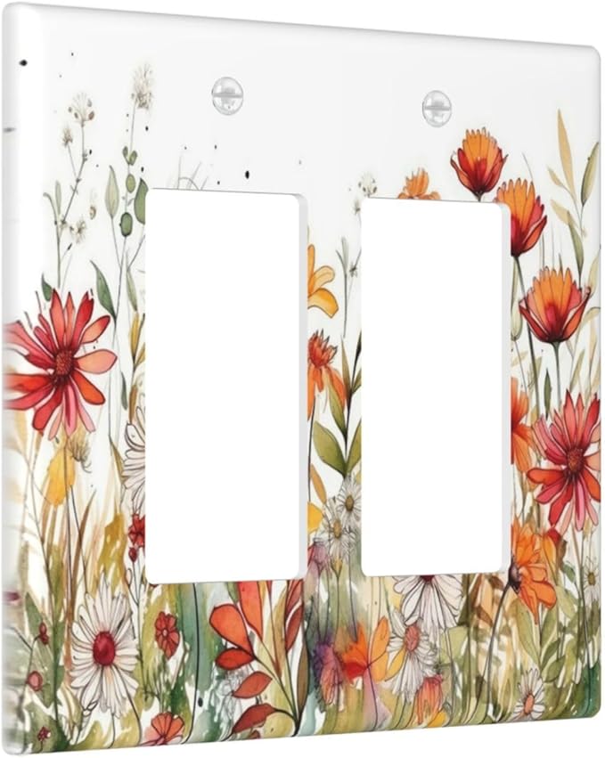 Watercolor Wild Flower Floral Double Rocker Light Switch Cover 2 Gang Outlet Wall Plate Decorative GFCI Switchplate Electrical Faceplate for Nursery Bedroom Bathroom Decor