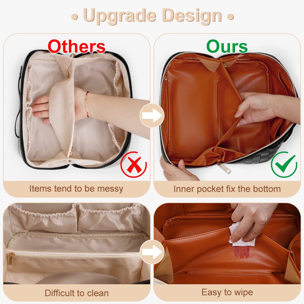 Checkered Travel Makeup Bags Cosmetic Organizer Bag: 2-Set Large Capacity Waterproof Makeup Bag - PU Leather Toiletry Bag for Women - Wide Open Portable Pouch with Handle and Divider (WHITE)