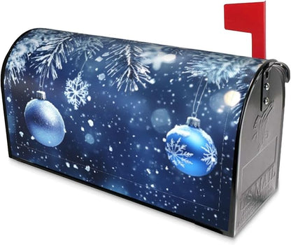 Festive Magnetic Mailbox Cover Blue Ball Christmas Pattern Outdoor Mailbox Protector Holiday Seasonal Decorative Garden Yard Home Large Size 25.5 x 21 Inch