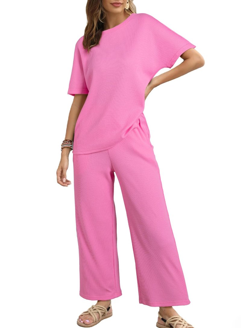 SHEWIN Women's Two 2 Piece Outfits Sweatsuit Lounge Sets for Women 2025 Short Sleeve T Shirts Casual Loose Pants Comfy Tracksuit Set Spring Clothes Pink M