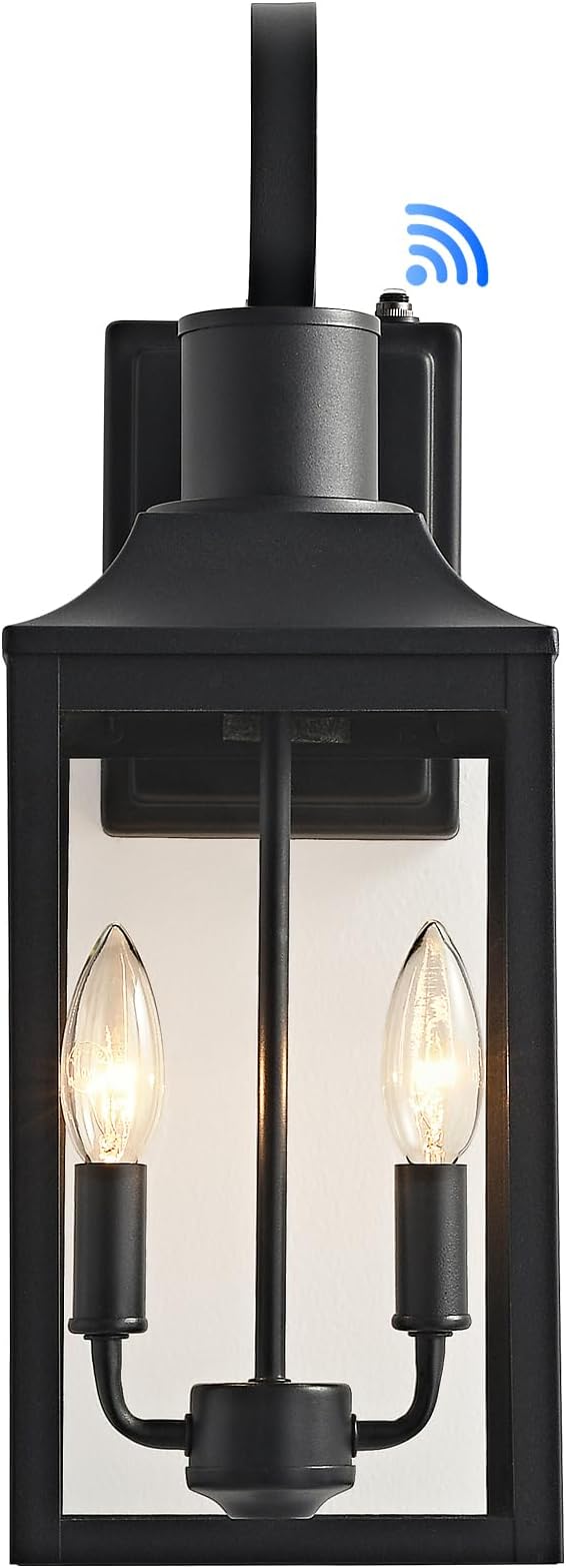 18.9" Black Dusk to Dawn Outdoor Lighting, 2-Light Industrial Porch Light with Clear Glass, Waterproof Farmhouse Outside Light Fixture Wall Mount for Porch, Patio, Garage (1 Pack)