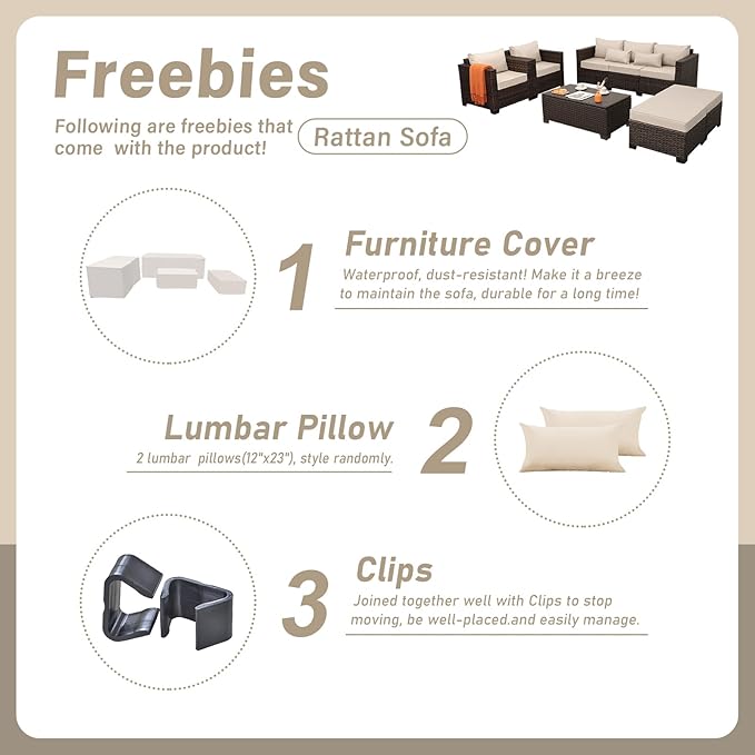 Wicker Patio Furniture Set 6 Pieces Outdoor Furniture Chairs and Couch Storage Table Anti-Slip Cushions and Waterproof Covers, Khaki